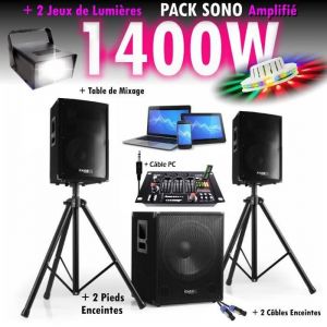 Ibiza Sound PACK SONO MIXAGE DJ 1400W avec 1 CAISSON + 2 ENCENTES + PIEDS + CABLES + JEUX DE LUMIÈRES LED PA DJ LED LIGHT SOUND