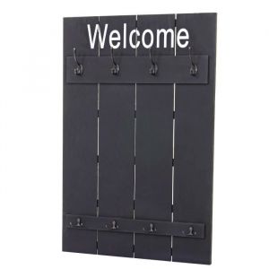 Porte manteau mural Welcome panneau 8 corchets style vintage 91 par 60 bois gris fonce