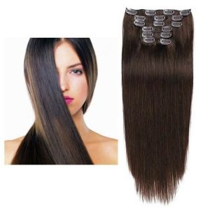 Kit Extensions de Cheveux à Clip 18" Châtain Foncé 7 Pièces Rajout Cheveux Coiffure