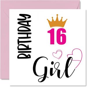 Stuff4 Carte d'anniversaire de 16 ans pour filles – Cartes d'anniversaire pour fille de 16 ans, fille, sœur, petite-fille, cousine, amie, nièce, 145 mm x 145 mm, 16 ans, 16 ans, cadeau d'anniversaire