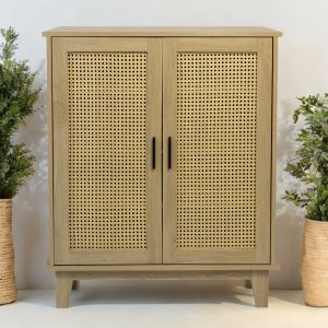 Box and beyond Commode en bois avec portes cannage - 3 étagères - Naturel - FSC 100%