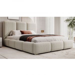Lit Honor Velours Côtelé Avec Coffre De Rangement Et Tête De Lit Matelassée - Velours Côtelé Beige - 180x200
