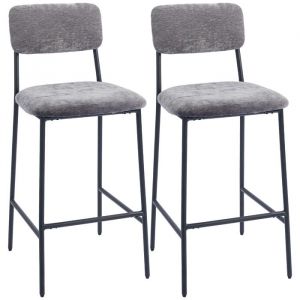 Homcom Lot de 2 tabourets de bar - rembourr&eacute;es - assise large dossier haut - pieds en acier, tissu chenille - 45,5x48x101cm - gris