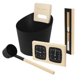 LuxeBath Ensemble d&rsquo;Accessoires pour Sauna, Noir en Aluminium et Bois Naturel, 4 pi&egrave;ces