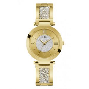 Guess Montre W1288L2 - AURORA Boîtier acier doré brillant cadran doré avec cristaux bracelet acier doré brillant pailleté G-Link Femme