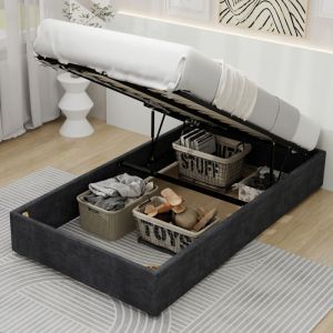 Lit 90&times;200 cm, lit coffre enfant, hydraulique, sommier &agrave; lattes, velours, sans t&ecirc;te de lit et matelas, Gris