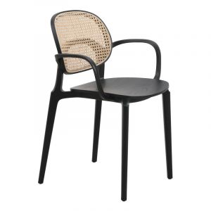 Kosmi Fauteuil avec structure Noire, Assise Bois et Cannage Naturel