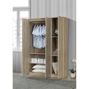 Armoire/Garde robe BARTIN, 3 portes, contemporaine ch&ecirc;ne Sonoma et poign&eacute;es grises.