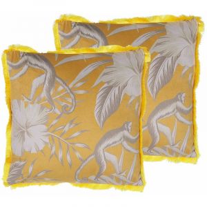 Beliani Lot de 2 coussins d&eacute;coratifs motif singe 45 x 45 cm jaune / blanc MANJU