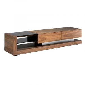 Meuble TV en bois plaqué noyer et verre teinté noir