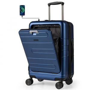 COSTWAY Bagage &agrave; Main 20" &agrave; Roulettes en PC avec Serrure TSA, Poche Avant, Chargement USB & Type-C, Voyages en Avion, Bleu