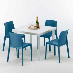 Grand Soleil Table Carr&eacute;e Blanche 90x90cm Avec 4 Chaises Color&eacute;es Set Ext&eacute;rieur Bar Caf&eacute; ROME LOVE | Bleu