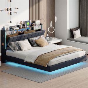 Lit double capitonné, lit adulte flottant avec LED, prise USB, sommier à lattes et tête de lit rangement, en tissu lin, gris 160x200cm