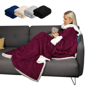 Plaid intégral manches et poche - 140x210cm - Sherpa et flanelle - Adulte -Prune- Vivezen