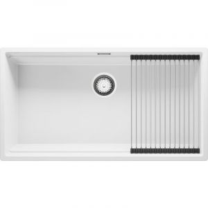 Primagran - Evier Cuisine en Granit 86x47 cm Lavabo 1 bac + Siphon Classique + égouttoir enroulable, Évier sous plan de Blanc
