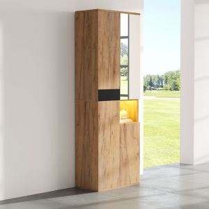 Armoire hauteur 1900 cm 4 portes avec miroir et niche ouverte &mdash; 12 compartiments, noir et naturel, panneau de particules