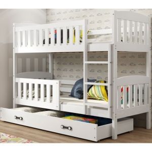 Lit superposé quba 90x190 Bois Massif, Pin, Barrière, Sommier, Tiroir, Séparable en 2 lit (Blanc)