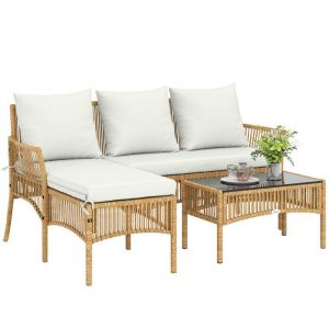 Outsunny Salon de jardin - 4 personnes - canap&eacute; 2 places, chaise longue, table basse - r&eacute;sine tress&eacute;e - 166 x 115 x 79 cm - cr&egrave;me