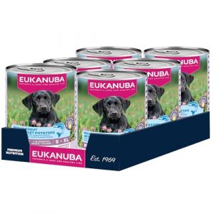 Eukanuba Life Care Aliment Humide pour Chiot 1 &agrave; 12 Mois Toutes Races, P&acirc;t&eacute;e Riche en Truite & Patates Douces, Om&eacute;ga-3, Calcium, Pr&eacute;biotiques MOS, sans OGM Colorants Conservateurs, 6 bo&icirc;tes de 400g