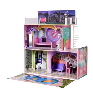 Image de Maison de poupée en bois enfant 3 étages avec 16 accessoires mobilier multicolore Dreamland Olivia’s Little World TD 13616A