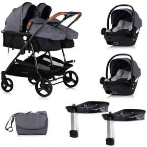 DUO SMART Poussette jumeaux ou enfants rapproch&eacute;s largeur 79 cm Gris + 2 cosy i-Size gris avec base Isofix