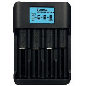 Uniross Chargeur Smart Tech LCD, Pour 1 à 4 Piles Lithium 18650 & Ni-MH 1.2V AA AAA