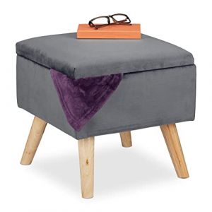 Relaxdays Tabouret de rangement, matelassé, carré, pieds en bois, salon, H x L x P : 40 x 40 x 40 cm, anthracite