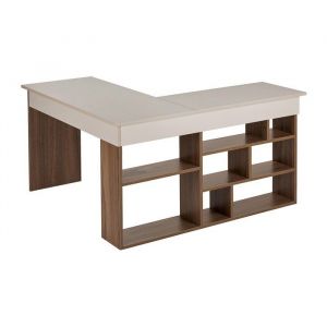 Bureau d'angle avec rangements - Coloris : Beige et naturel fonc&eacute; - LILEUL