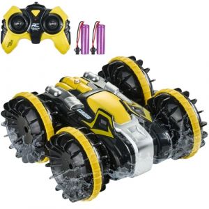 VEVOR Voiture Télécommandée Amphibie, 2,4 GHz 12 km/h, Voiture RC Étanche 4WD Tout-Terrain pour Enfants, Voiture Cascadeuse Rotative à 360°, Jouet de Piscine pour Garçons Filles 6 Ans et Plus, Jaune