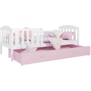 Lit Enfant Teo 90x190 Blanc - rose Livré avec sommiers, tiroir et matelas en mousse de 7cm