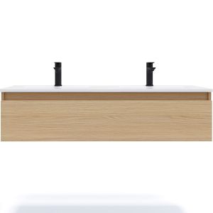 Image de Meuble de salle de bain suspendu double vasque intégrée 120cm 1 tiroir Chêne clair - Hudson - Chêne Clair