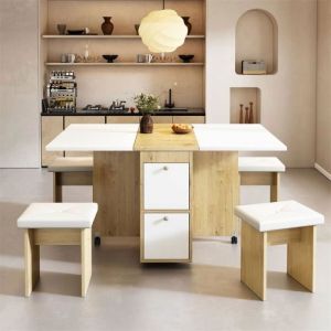 Ensemble table à manger avec 4 chaises, table rectangulaire extensible 140x80x75cm, table pliante, blanc + chêne