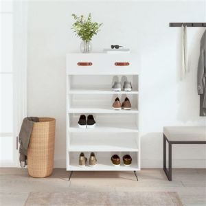 VidaXL Armoire à Chaussures, Étagère à Chaussures avec Tiroir et Pieds, Meuble à Chaussures avec 5 Compartiments Salon, Blanc Brillant Bois Ingénierie