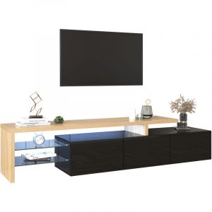 Modernluxe - Meuble tv moderne 2m avec 3 portes et 2 compartiments en verre - Blanc & Naturel
