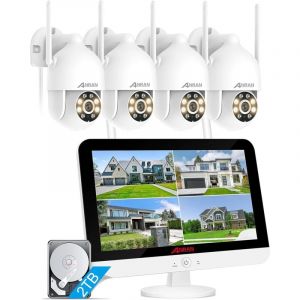 Anran - 5MP Kit Cam&eacute;ra de Surveillance WiFi Ext&eacute;rieur, 8CH Syst&egrave;me 13' Moniteur nvr avec 4 Cam&eacute;ras, Pivotant &agrave; 360, Vision Nocturne Couleur, Audio 2
