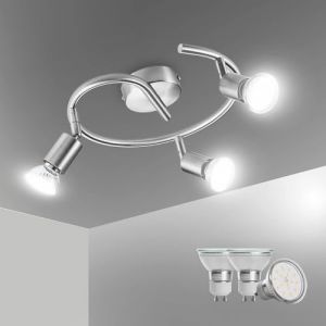 Bojim Plafonnier LED 3 Spot, Luminaire Plafond Lustre Orientable GU10 Light, Lampe Eclairage de Cuisine Applique, Ampoules Blanc Neutre Incl 3x6W, pour Interieur Salle Manger Salon Bain, Nickel Mat