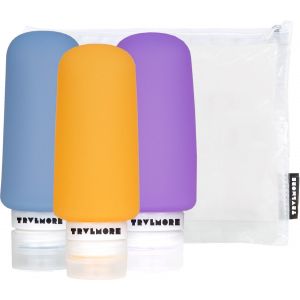 TRVLMORE Bouteilles de voyage en silicone - rechargeables - bagage à main - 100 ML - 3 pièces - Orange/Pourpre/Bleu