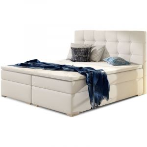 LesTendances Lit coffre boxspring simili cuir blanc avec matelas et surmatelas Kavin 140x200 cm