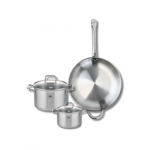 Fackelmann ELO 9699450 Batterie de cuisine 3 pièces, Ensemble de 1 Poêle de cuisson 32 cm et 2 faitouts 14 et 20 cm Elo Profi Citrin, inox, induction