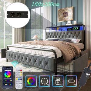 Oem Lit 160x200 cm avec sommier - Recharge USB Type-C, &eacute;clairage LED contr&ocirc;l&eacute; par application - 4 tiroirs, Velours, gris