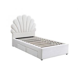 Lit coquillage 90 x 190 cm avec 2 tiroirs - Velours - Blanc - MOANA