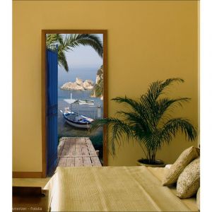 Plage Sticker porte, trompe l'oeil porte en fer bleu, vue sur mer avec ponton, pêche, 204 cm X 60 cm