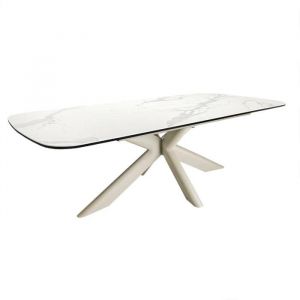 Table basse 130 cm c&eacute;ramique blanc pied croix m&eacute;tal beige - LIVANO