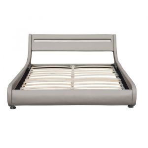 Image de Lit ava pour matelas 140x200 - Sommier + Tête de Lit eclairage led Incurve Couleur gris + Pieds en 5 cm pour matelas - 2 x 13 Lattes - revetement pvc