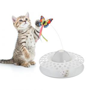 Jouet pour chat, papillon rotatif à 360°, circuit avec balle, interactif, h x d : 33,5 x 22 cm, blanc - Relaxdays