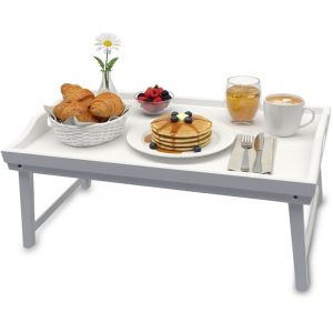 Relaxdays Plateau de lit, Bambou, H x L x P : 20 x 50 x 30 cm, Plateau avec Pieds et poign&eacute;es, Petit-d&eacute;jeuner, Blanc