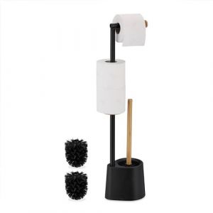Relaxdays Serviteur WC, Bambou, Acier Inoxydable, Support à Poser, Brosse et Porte-Brosse, Noir