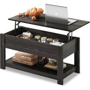 WLIVE Table Basse 98 cm - Plateau Relevable avec Compartiment Caché Et Étagère De Rangement pour Salon - Noir Charbon