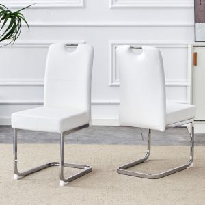 Lot de 2 chaises en cuir PU, dossier haut ergonomique, base m&eacute;tal en U, chaises de bureau et salle &agrave; manger, style moderne &ndash; Blanc