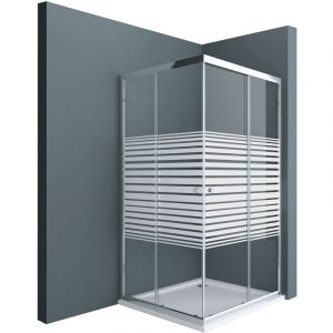 Paroi de douche en angle avec bande opauqe 80x80 cabine de douche Ravenna16MS avec portes coulissantes 80x80x190cm - Transparent avec bande opaque